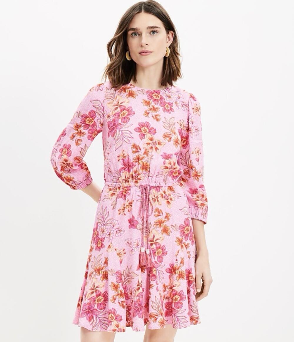 NWT LOFT Lily Godet Puff Sleeve Lightweight Pink Mini Floral Boho Flare Dress XS